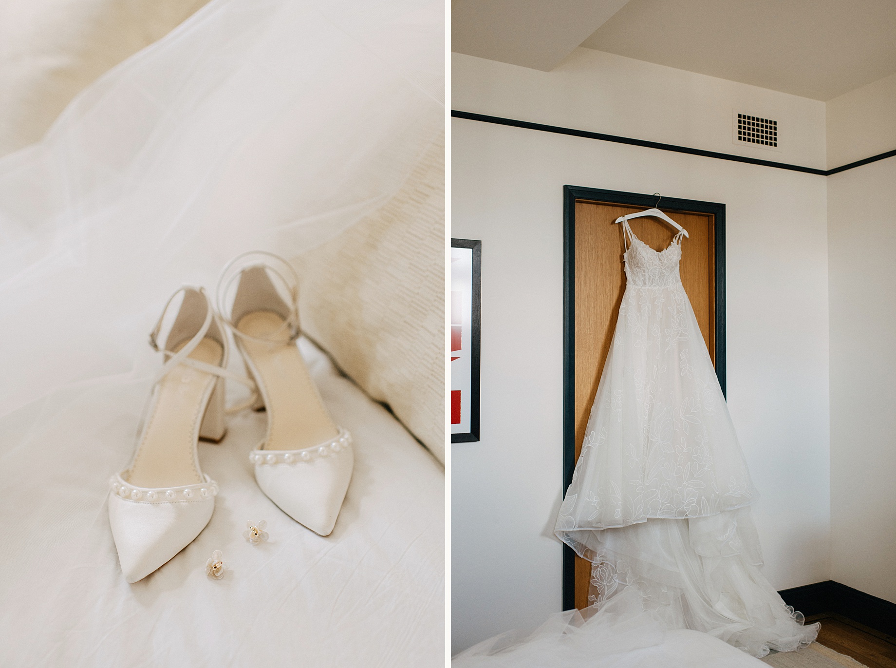the brides pearl accented heels and floral earrings rest on soft tulle at the Shinola Hotel alongside her embroidered gown hanging elegantly on the suite door