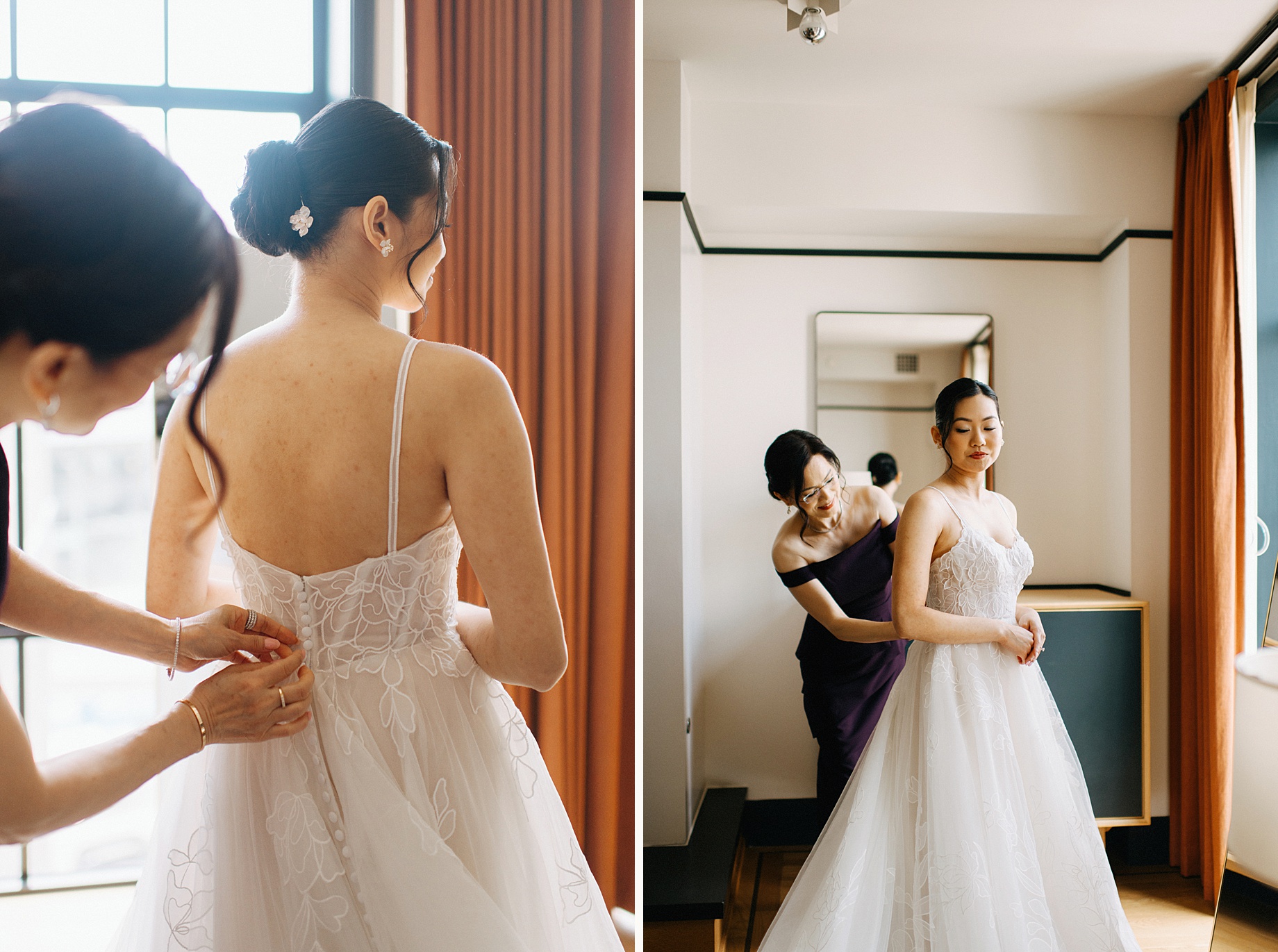 The brides mother helps button her floral applique gown in the window lit suite at the Shinola Hotel capturing a quiet and emotional getting ready moment