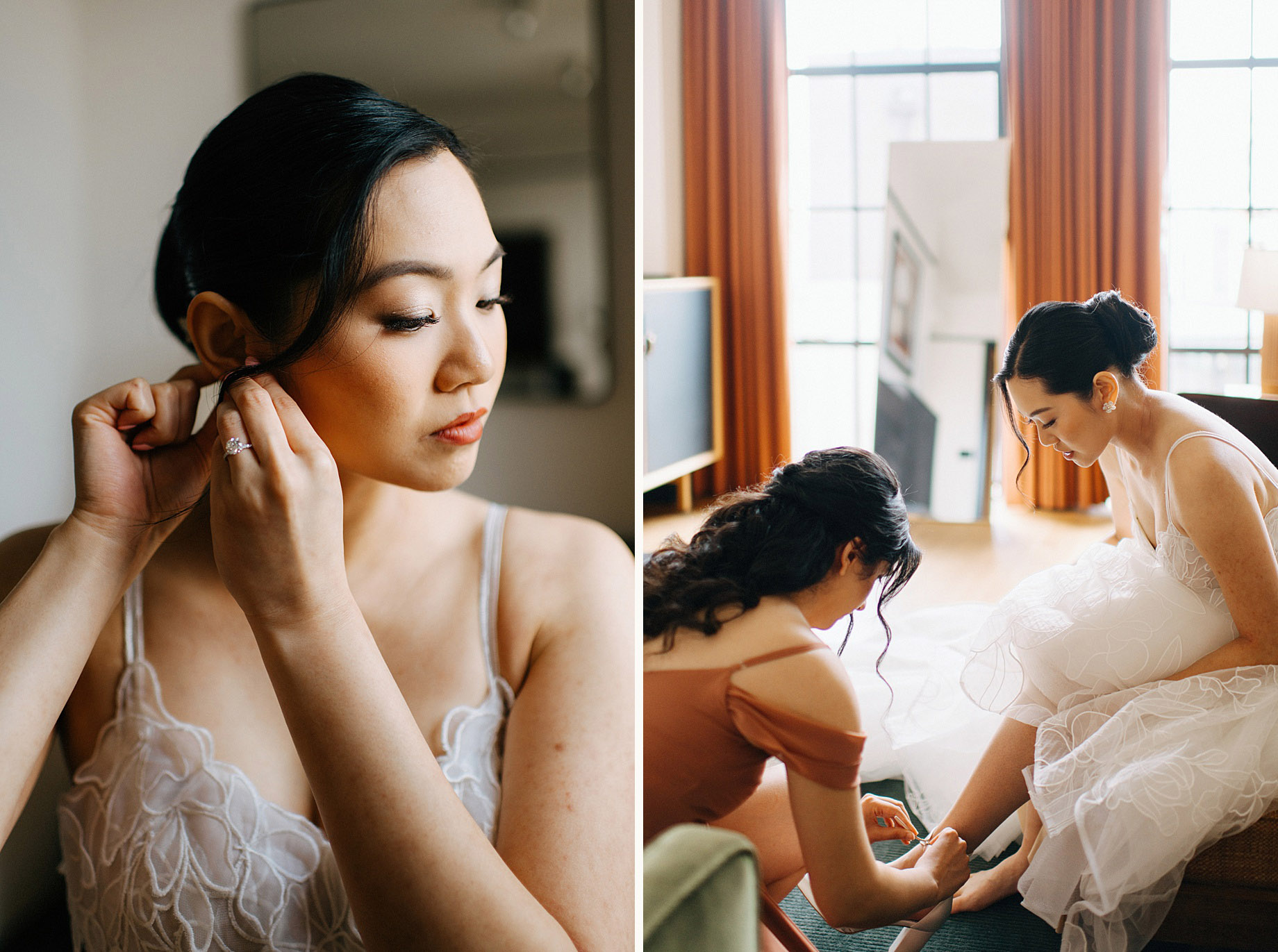 Close up of the bride putting on earrings followed by a tender moment of her bridesmaid helping with her shoes in the Shinola Hotel suite