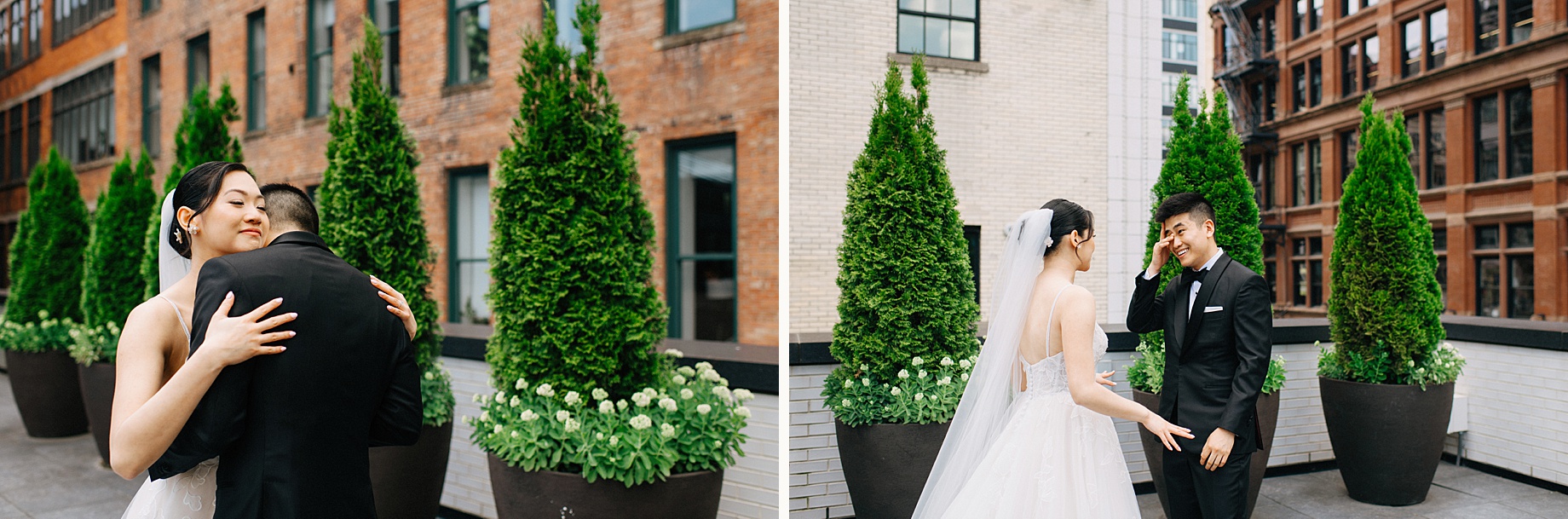 candid frames from a joyful first look at the Shinola Hotel rooftop of the groom reacting with emotion as he sees her for the first time