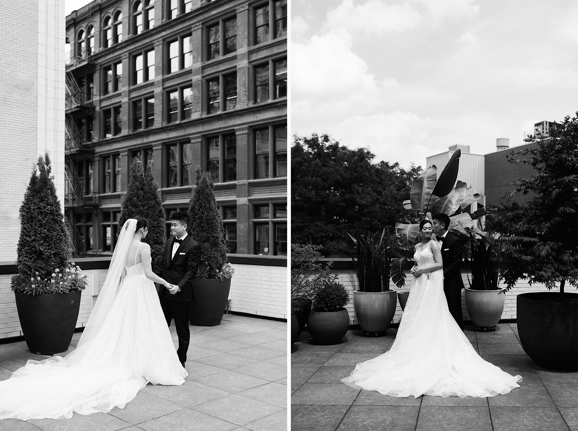 Timeless black and white portraits of the couple on the Shinola Hotel rooftop showcasing classic Detroit architecture and heartfelt connection in fine art style