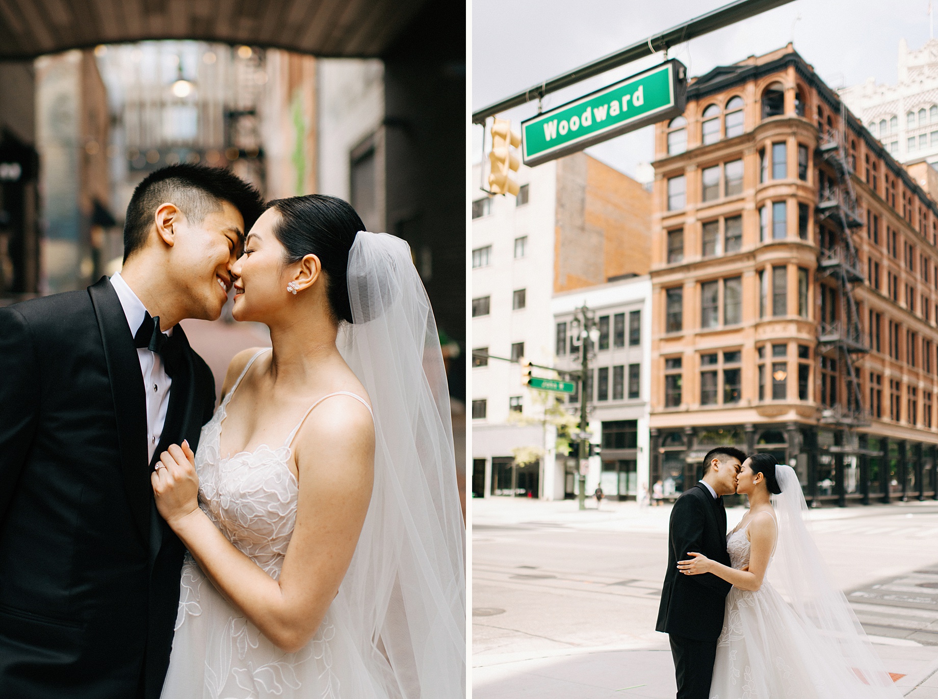The bride and groom share a kiss beneath the iconic Woodward Avenue sign in Detroit