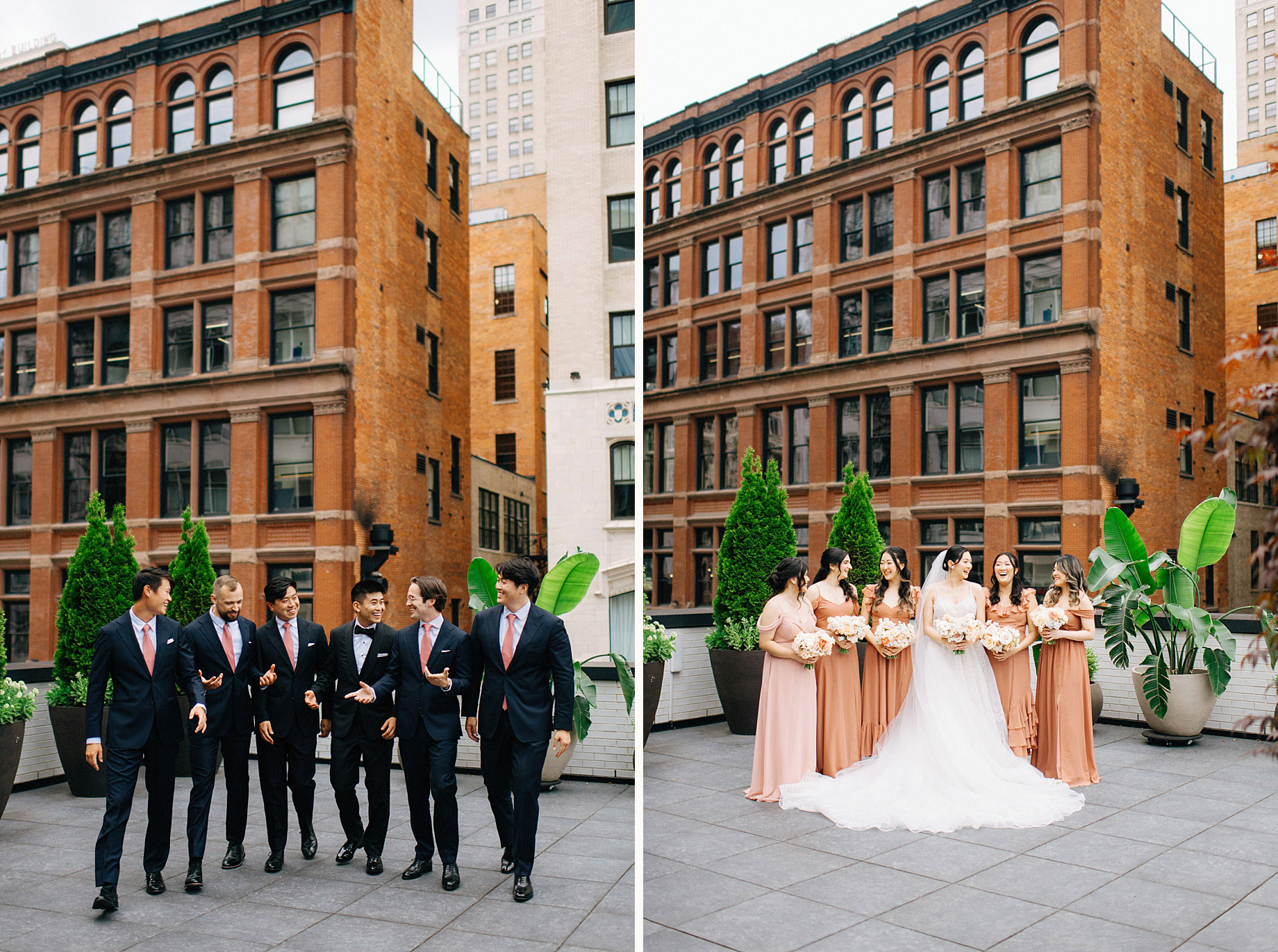 bridesmaids and groomsmen pose on the terrace of the shinola hotel