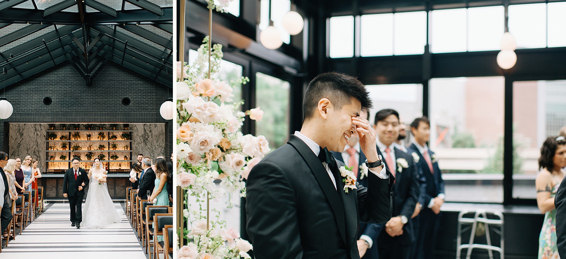 the bride walks down the aisle with her father as guests look on in the airy conservatory the groom wipes away tears seeing her for the first time