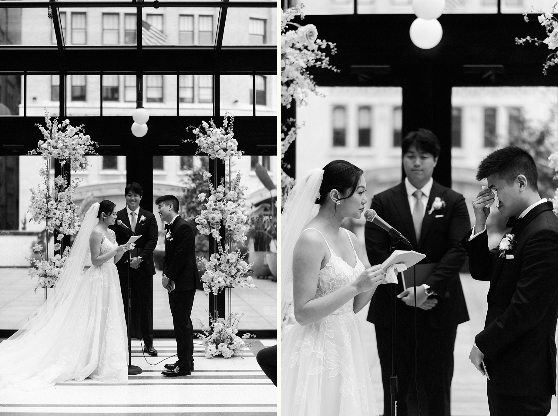 he bride reads heartfelt vows as the groom smiles and wipes away a tear as she continues
