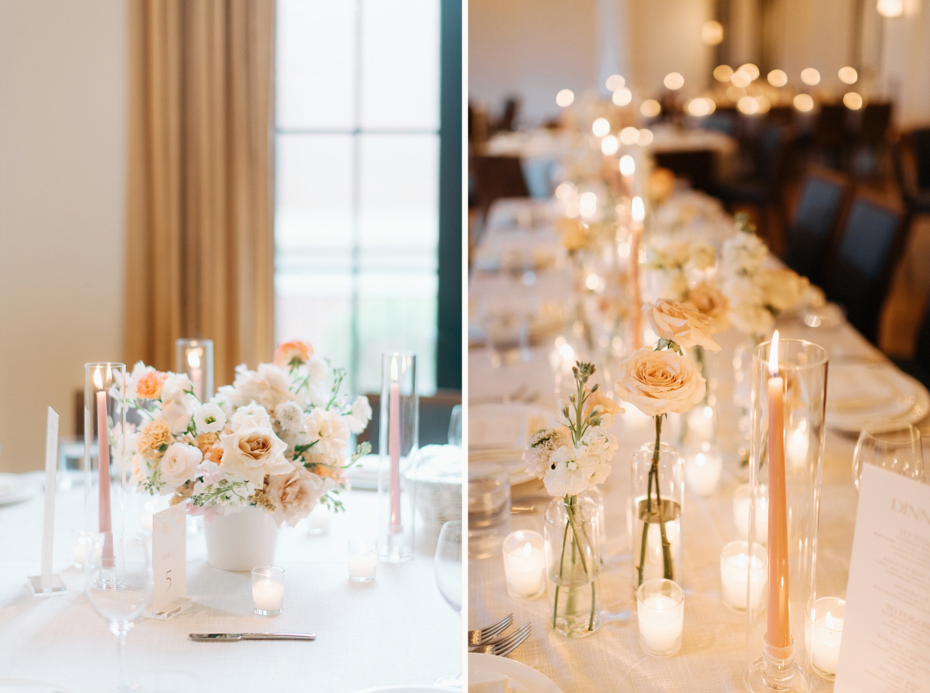 a blush and ivory floral centerpiece surrounded by votive candles and tall blush taper candles creating a romantic ambiance
