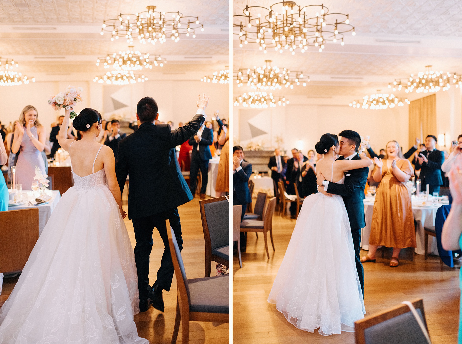 the newlyweds during their grand entrance into the ballroom at the shinola hotel
