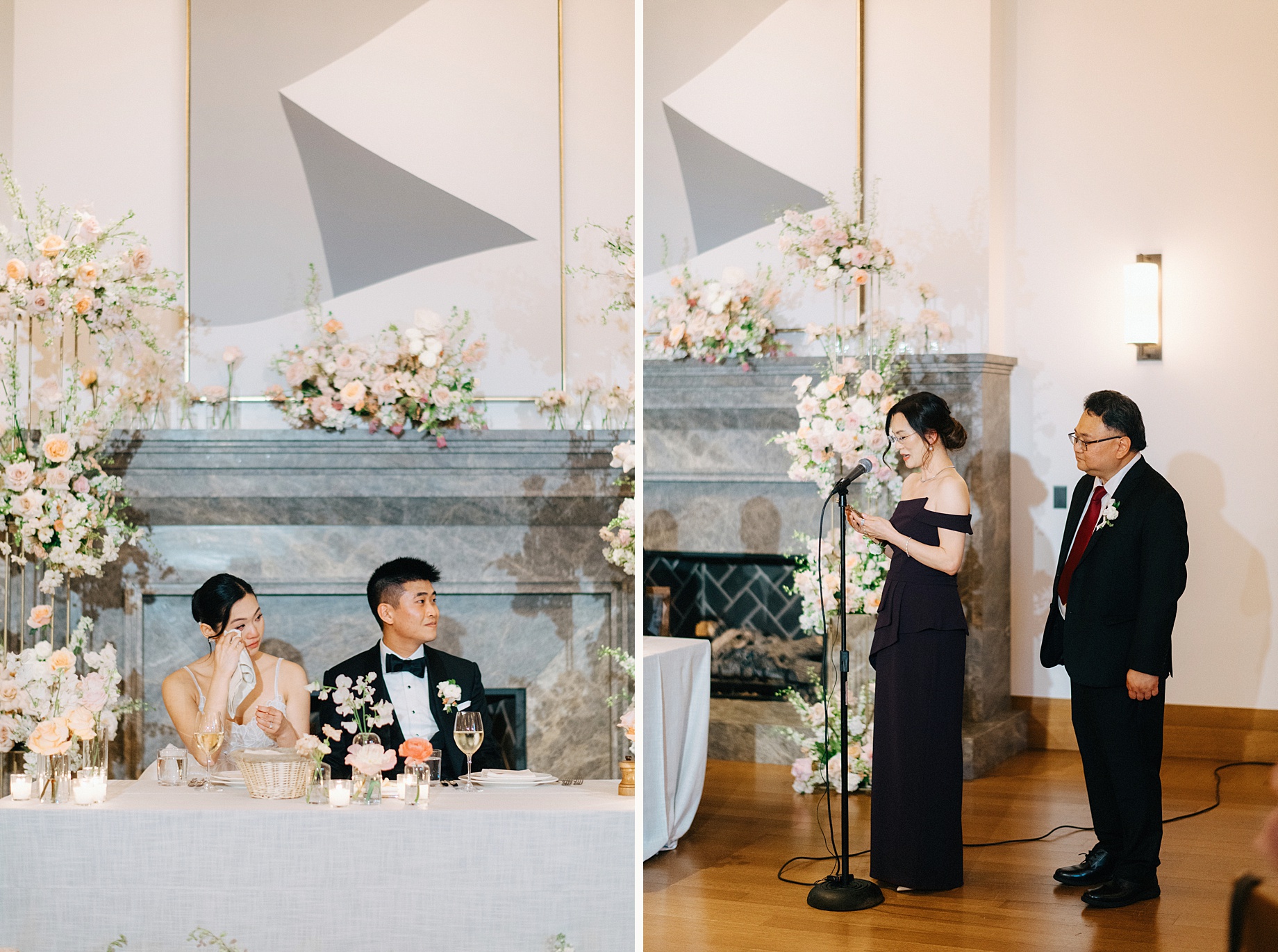 bride wiping away tears during a speech from her parents