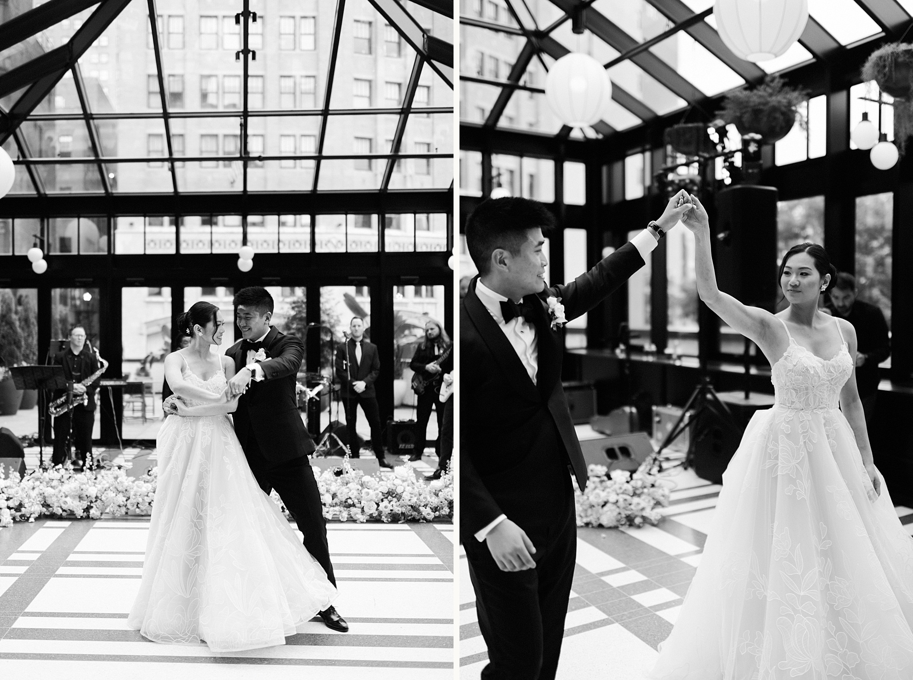 Bride and groom twirl gracefully during their first dance beneath the striking glass ceiling of the Shinola Hotels birdy room