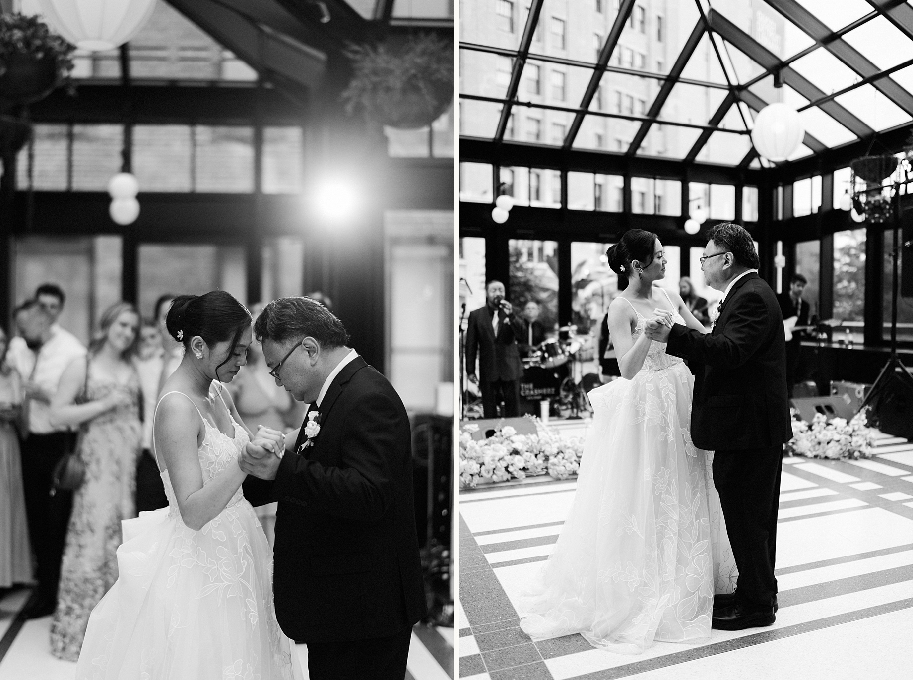 Bride sharing a dance with her father in the birdy room