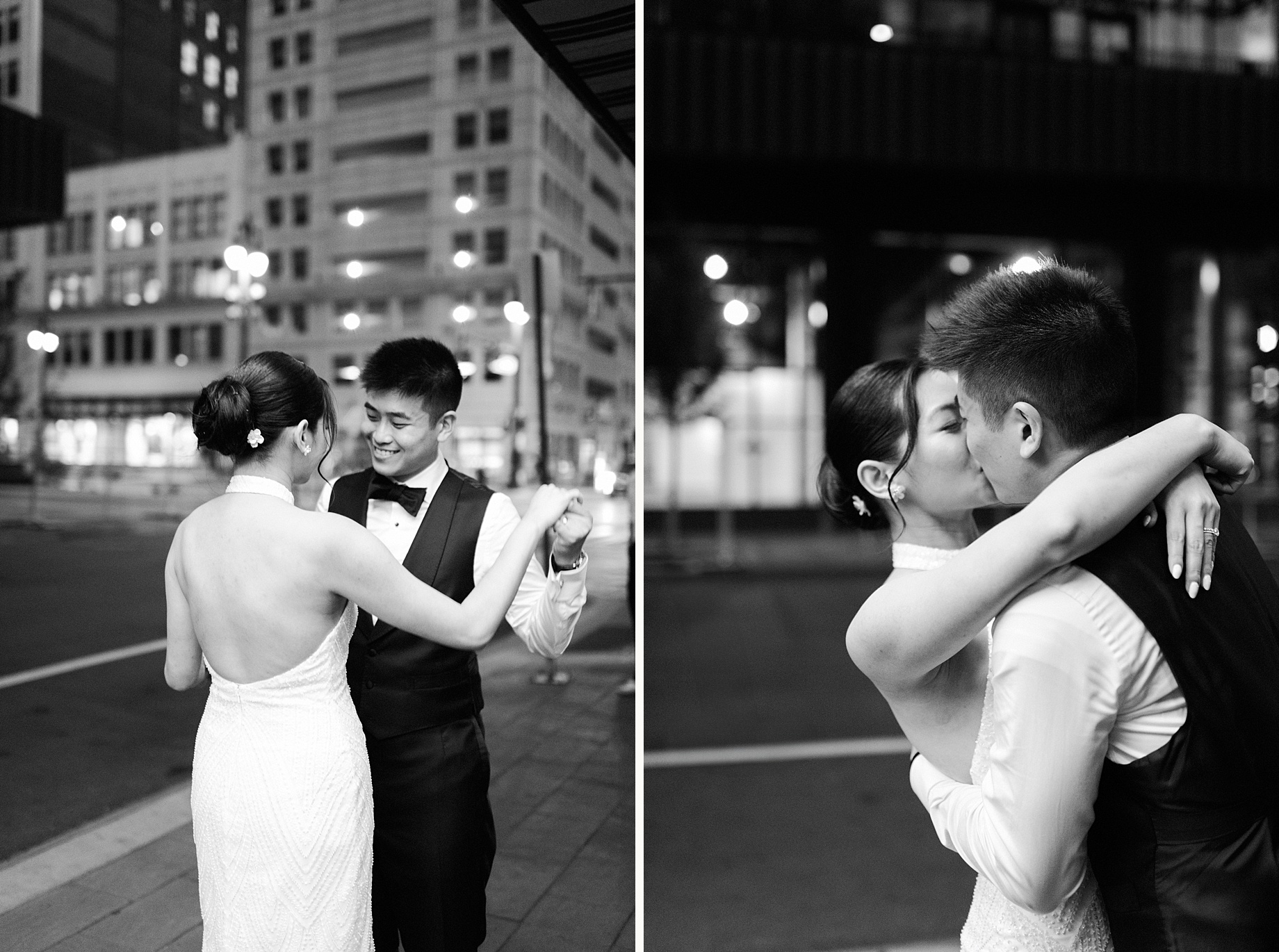 nighttime portraits of bride and groom outside of the shinola hotel