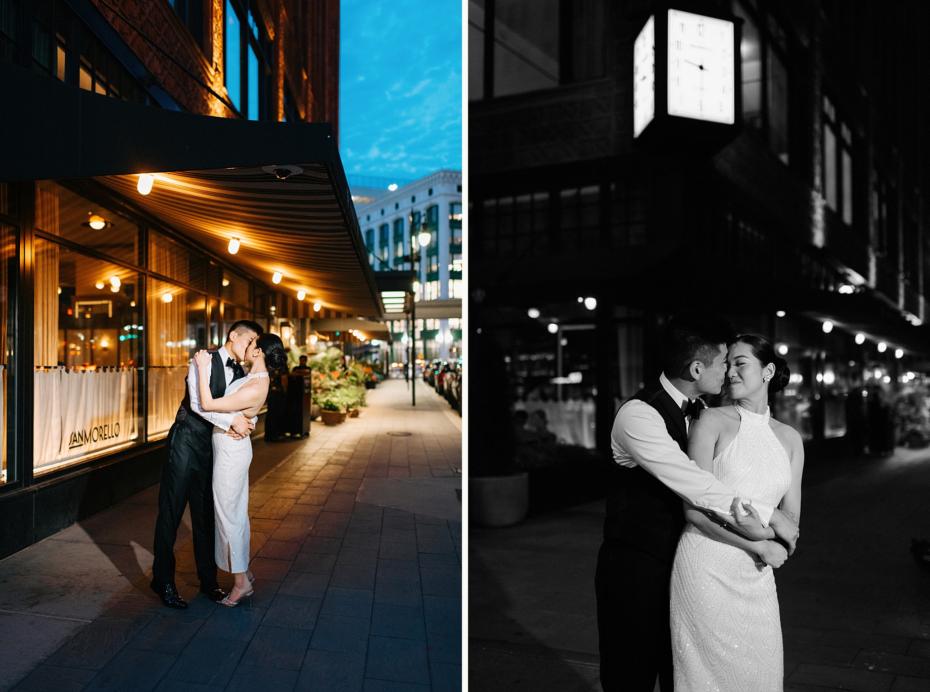 a bride and groom pose for nighttime portraits outside of the shinola hotel