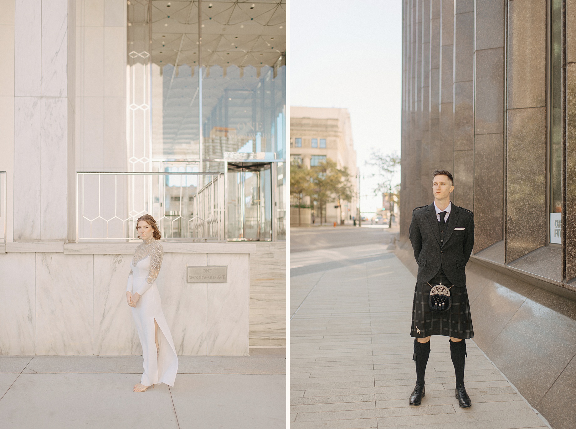 Bride posing for a portait at One Woodward in Downtown Detroit and groom posting in a Kilt in front of a Detroit Highrise