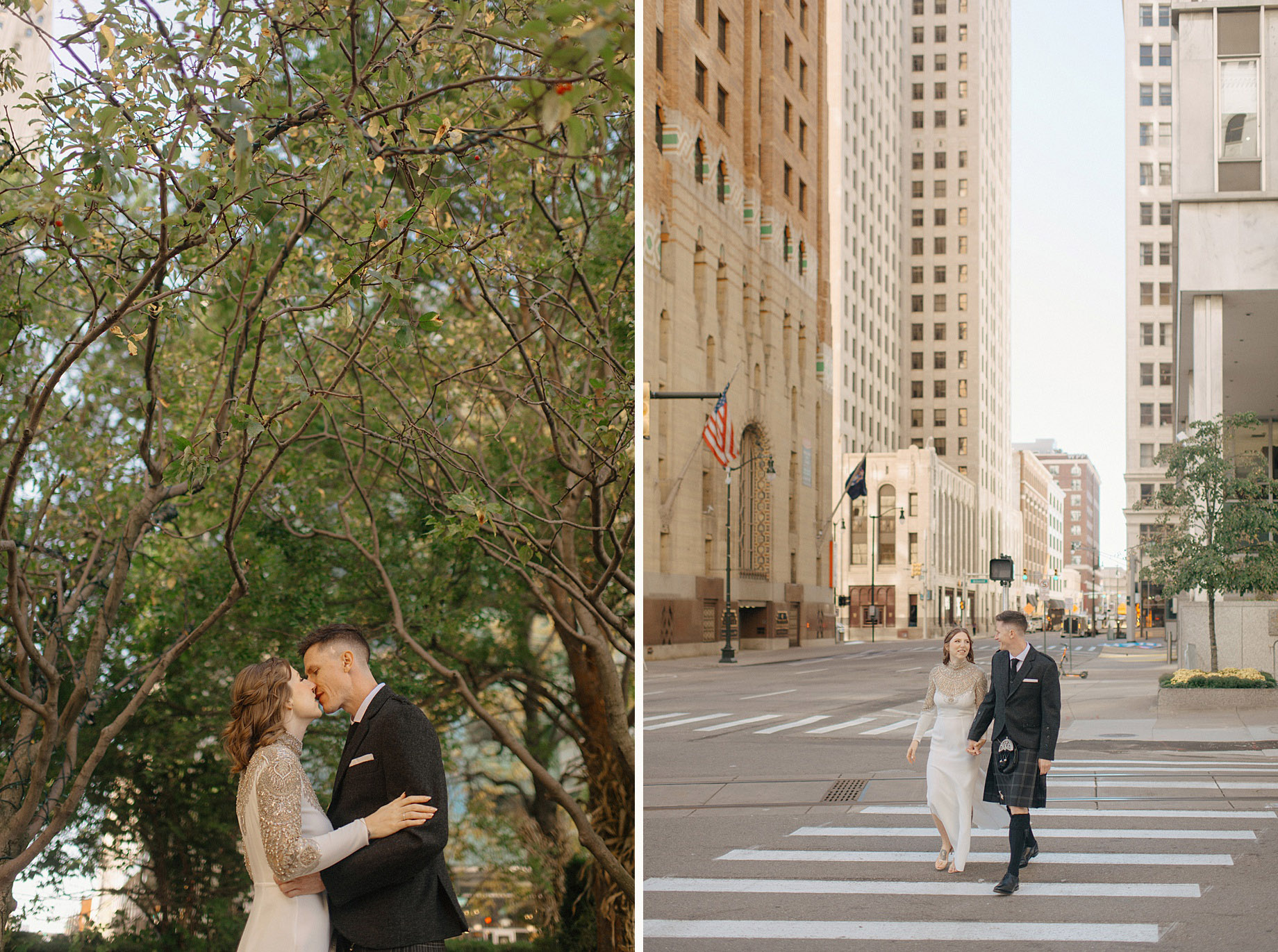 Bride and groom hold hands crossing the street
