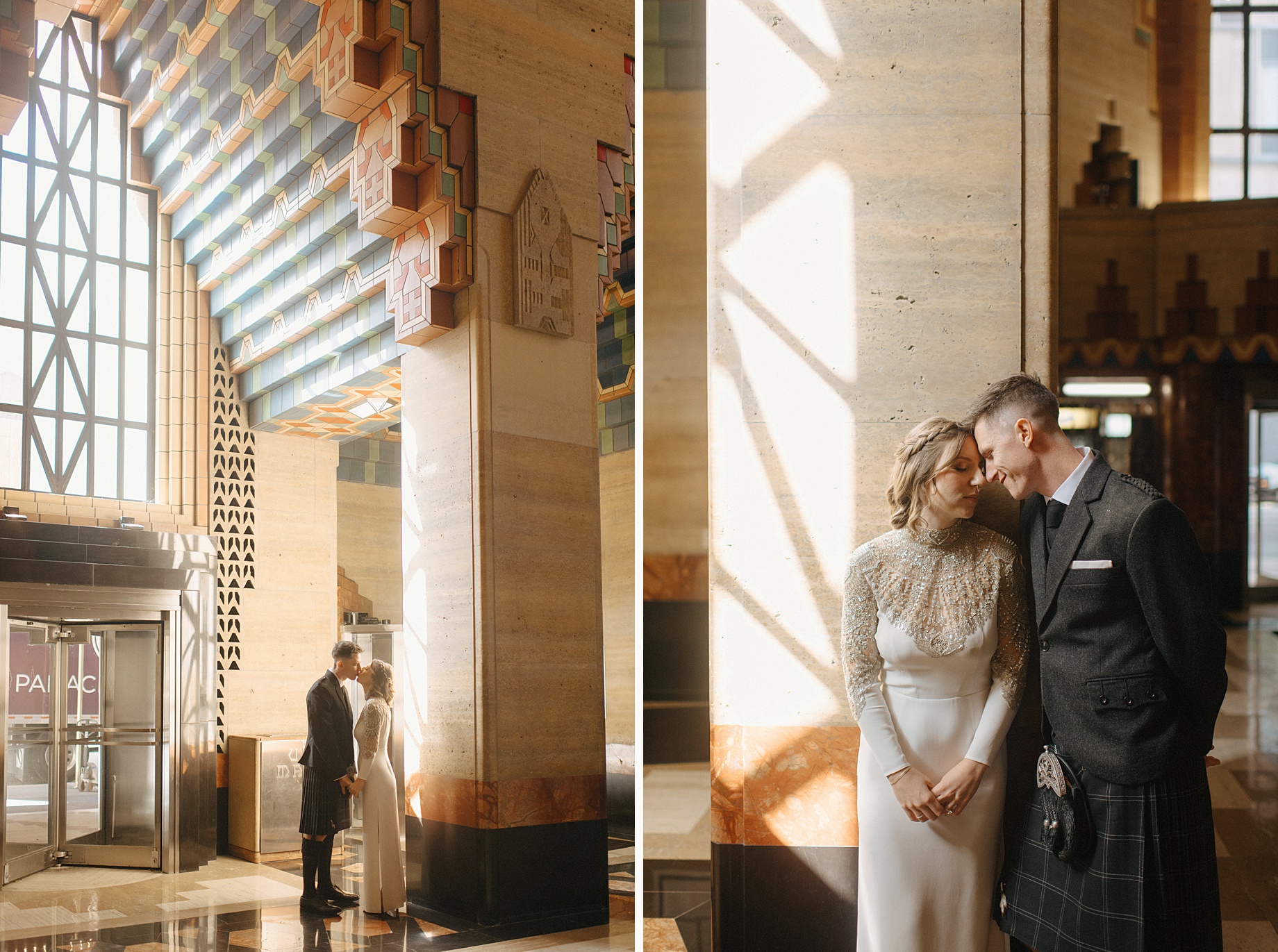Bride and groom share a tender moment in the grand lobby of the Guardian Building