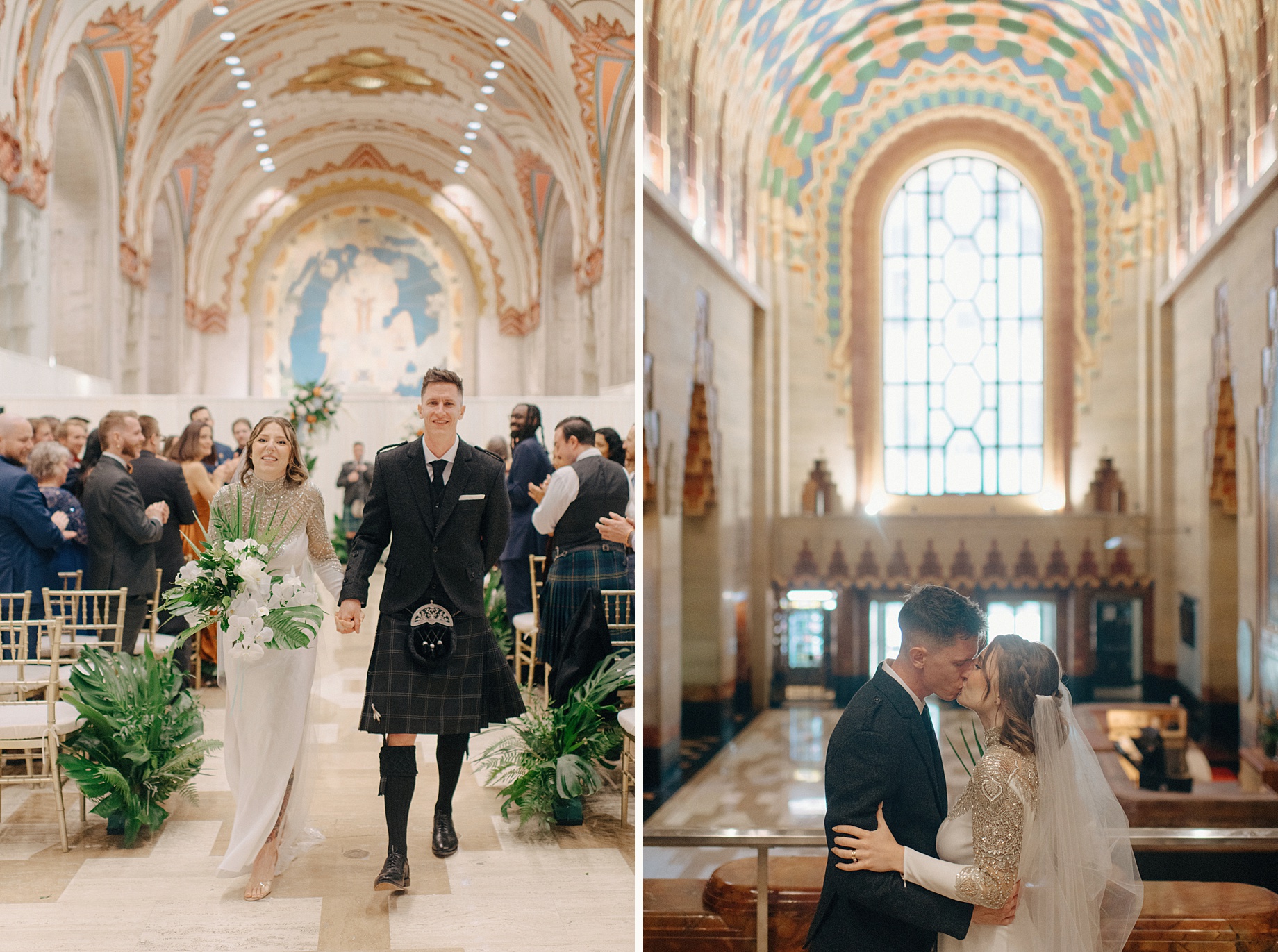 Wedding guests applaud as the couple exits the ceremony at the Guardian Building in an elegant downtown Detroit wedding in a historic architectural space