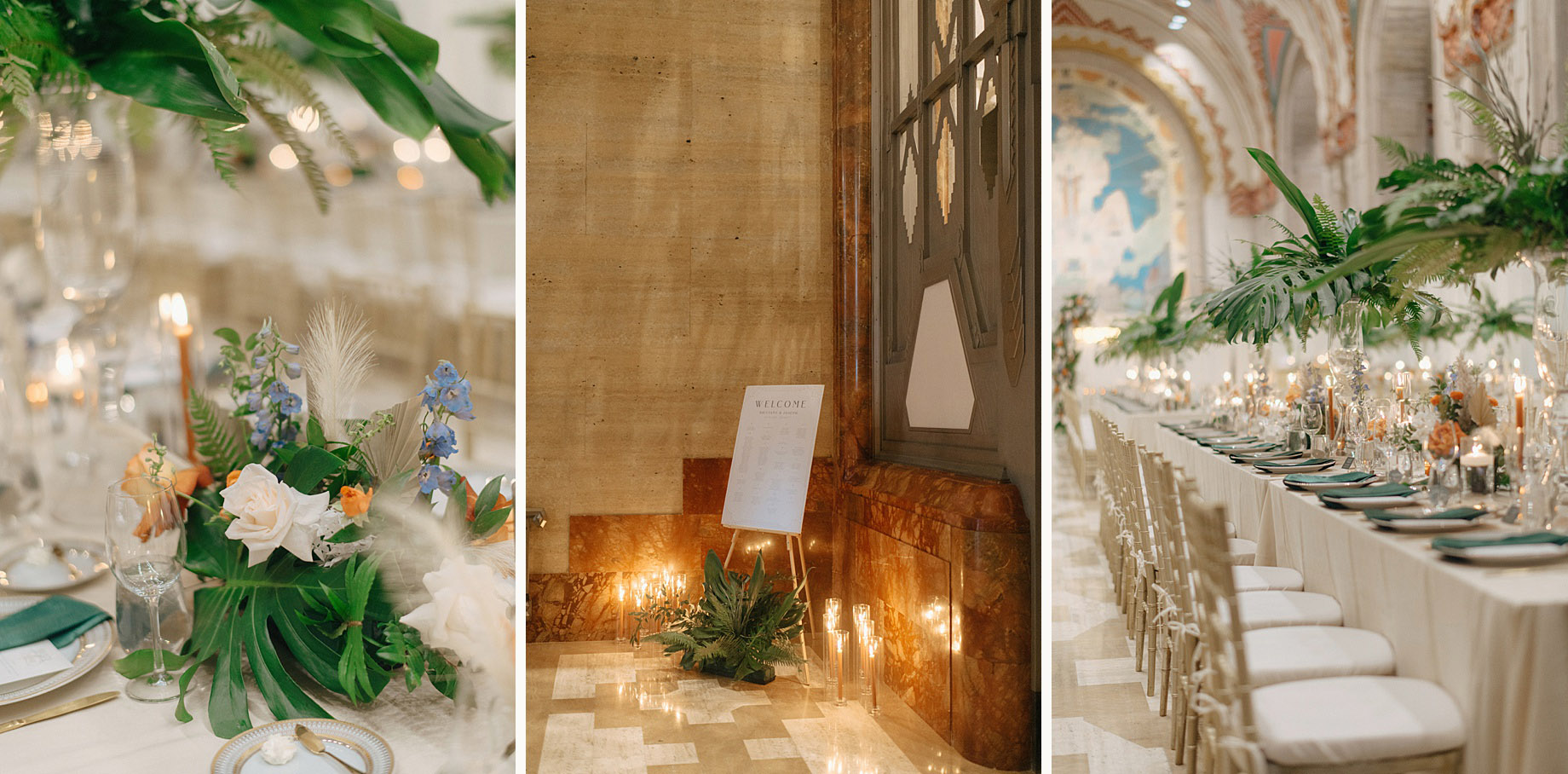 Elegant wedding reception setup by Simply Brilliant Events at the Guardian Building in Detroit