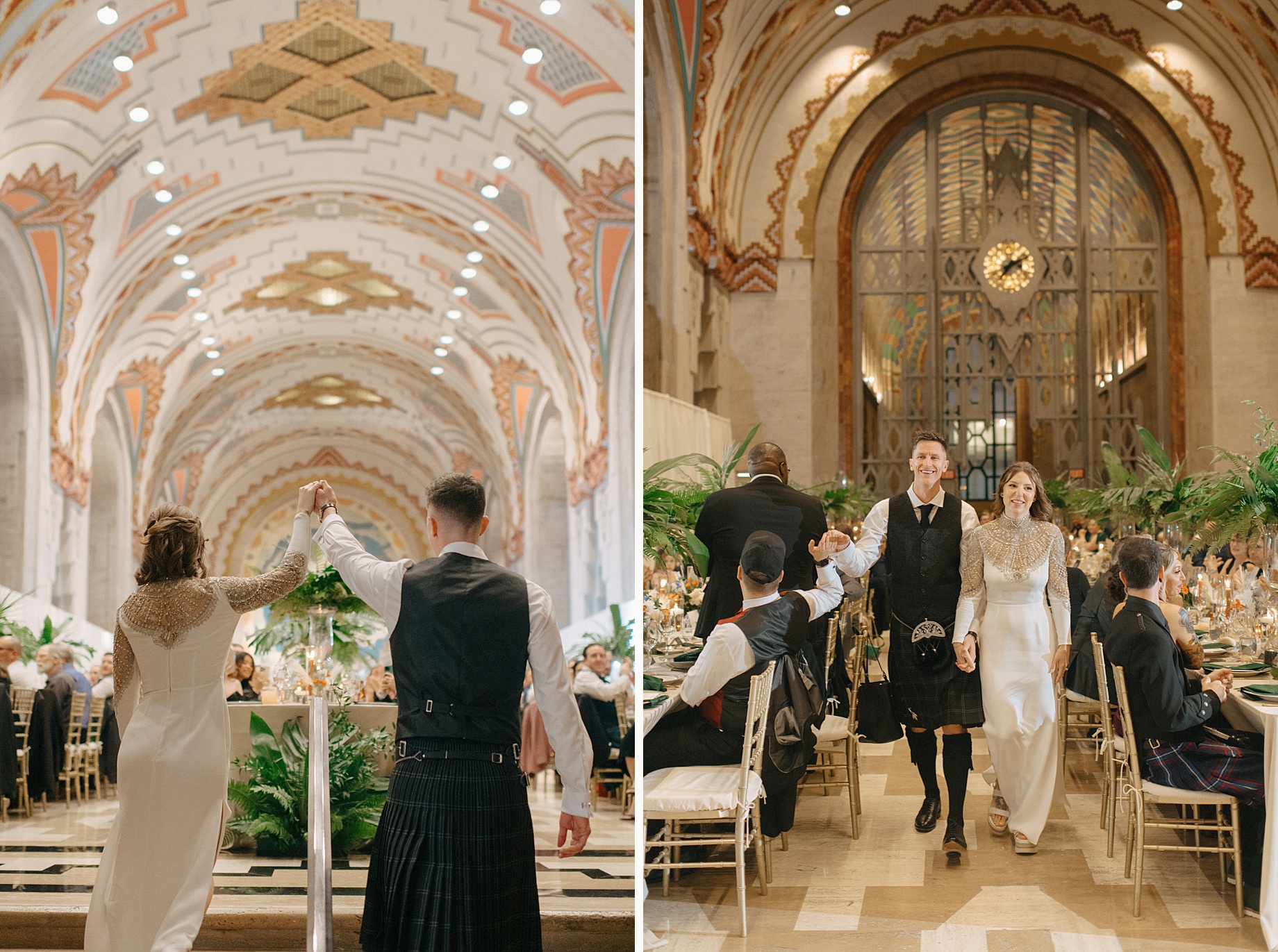 Bride and groom making their grand entrance into their elegant art deco wedding reception at the Guardian Building in Downtown Detroit