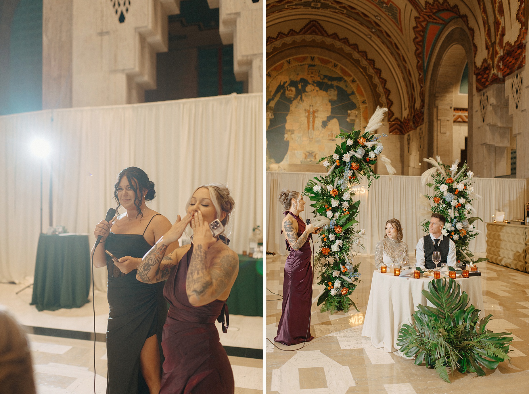 Sisters of the bride give a speech during a wedding reception at the Guardian Building in Downtown Detroit