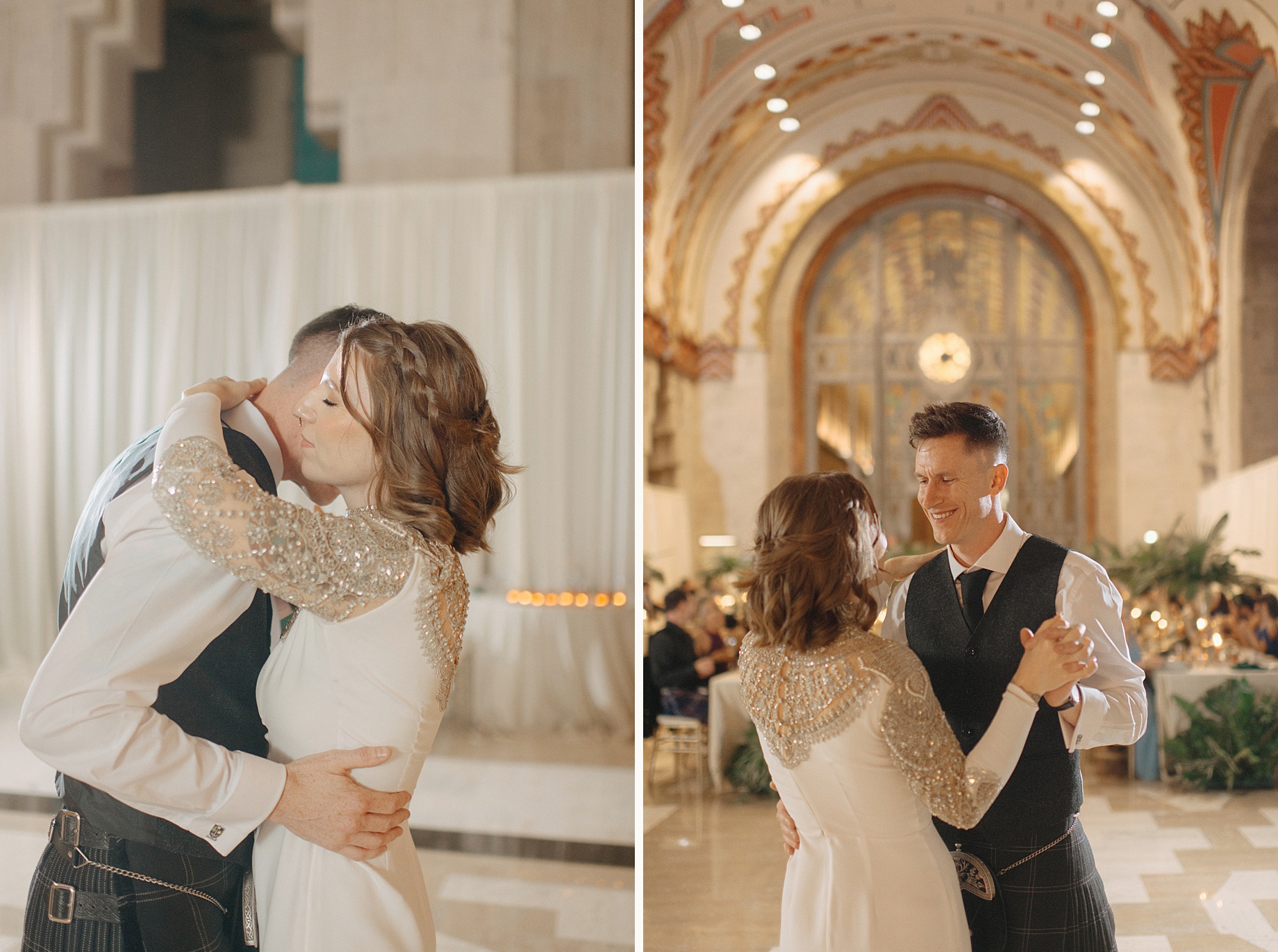 Bride and groom during their first dance under the tiled ceiling of the Guardian Building