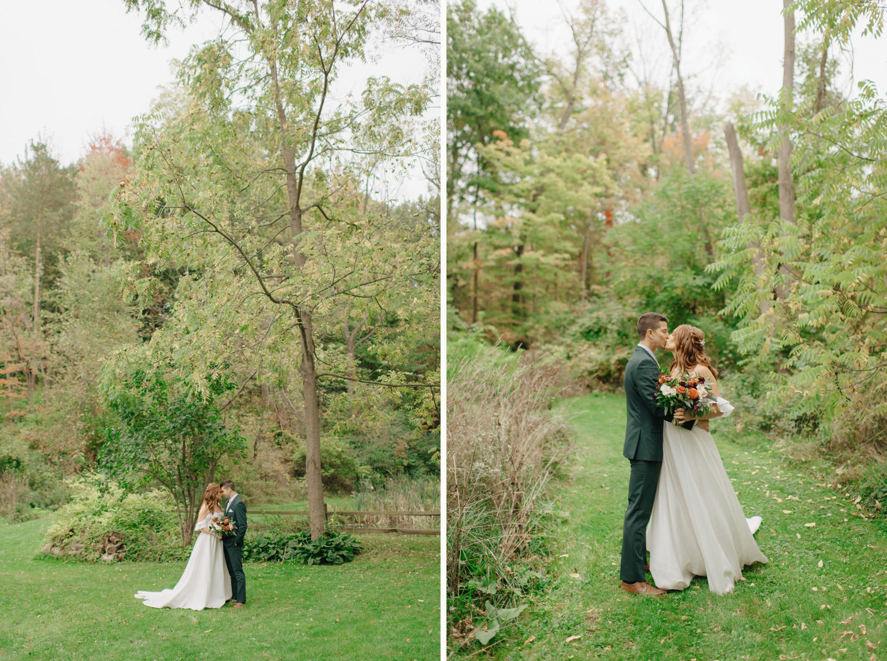 Couple embraces during their fall wedding at Glass House Community
