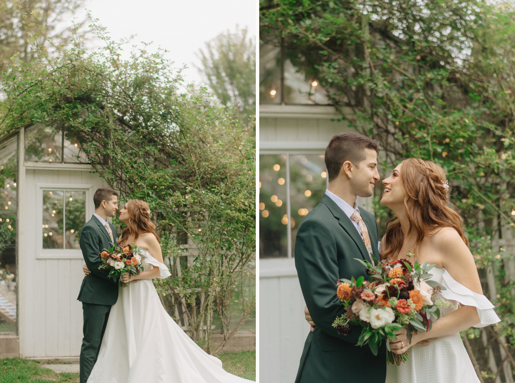Romantic portraits of bride and groom outside the Glass House Community greenhouse