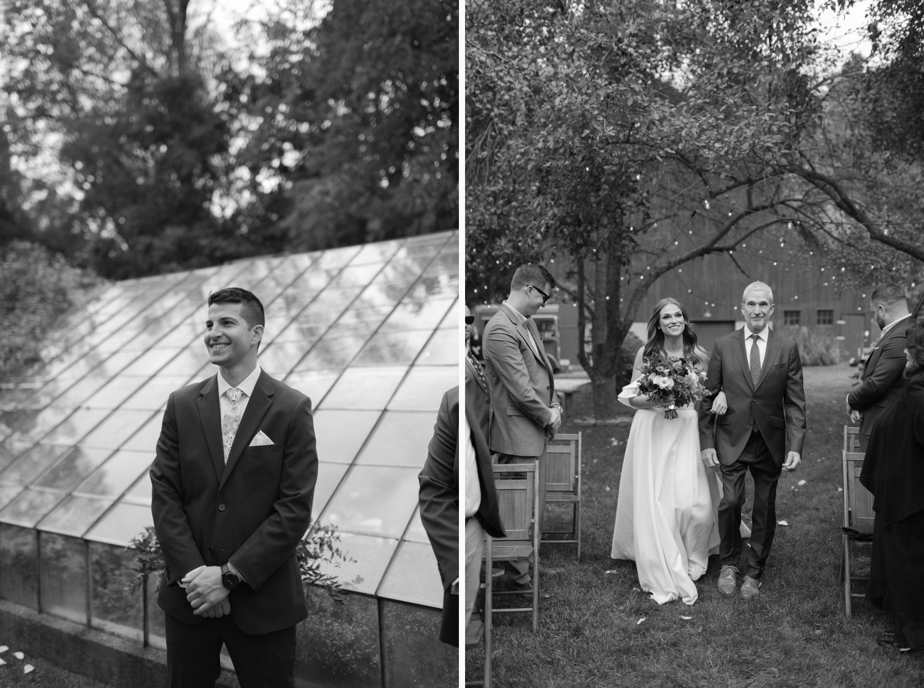 Groom smiles as bride walks down aisle with her father at Glass House Community