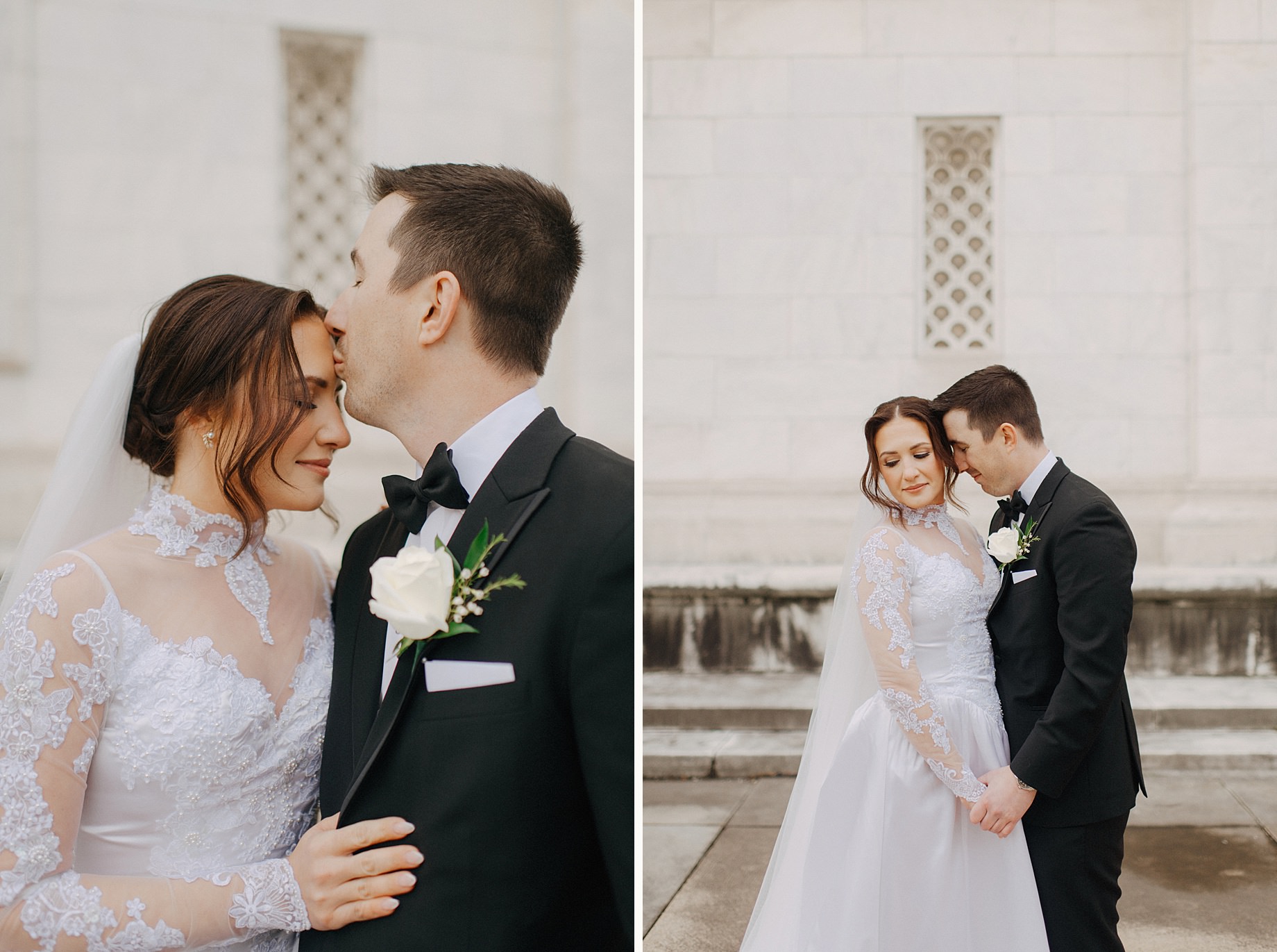 Close up portraits of the bride and groom outside the Detroit Public Library highlighting the tender connection at this Detroit wedding