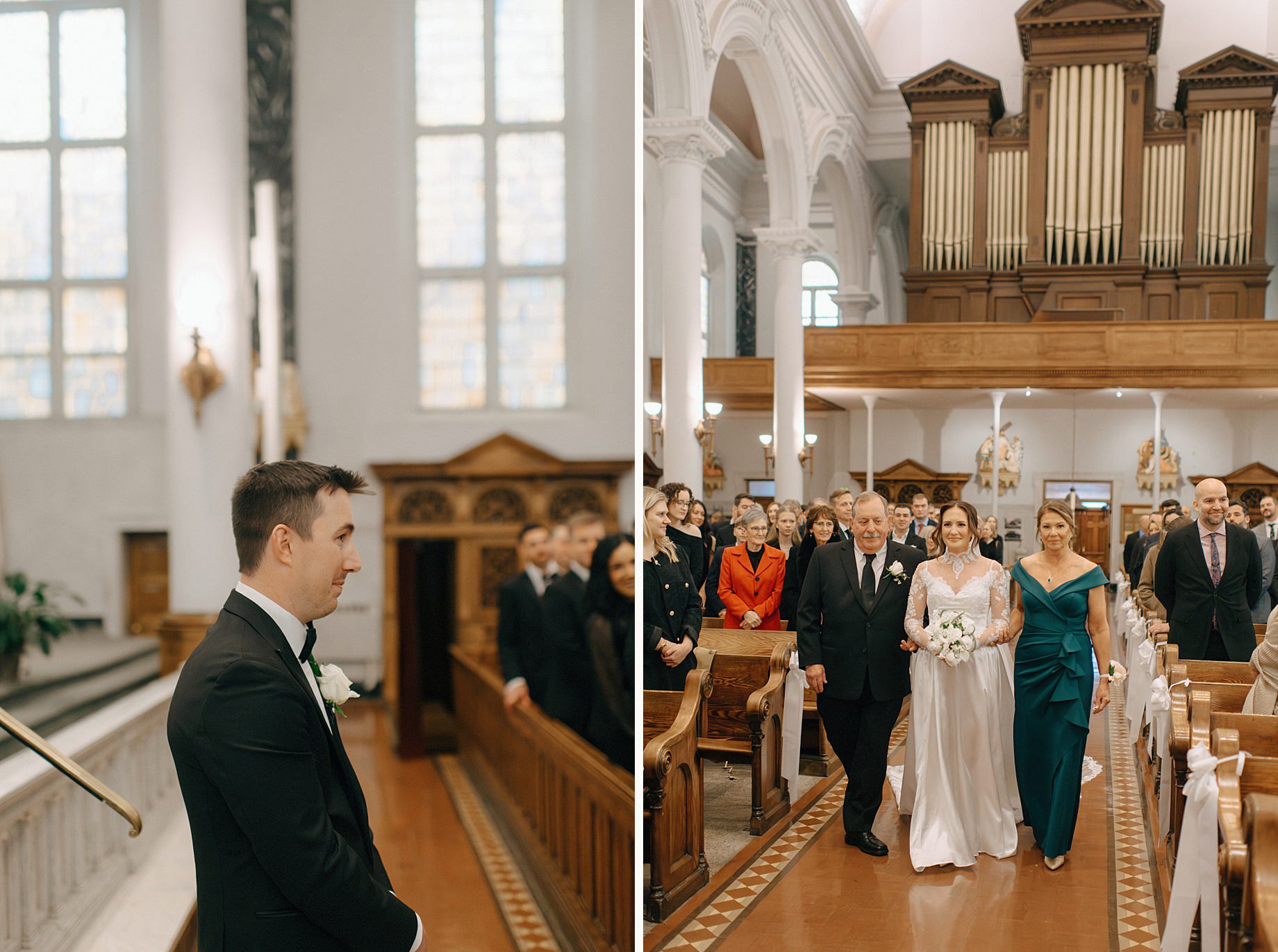 Groom watches with emotion as the bride walks down the aisle at Saints Peter and Paul Jesuit Church her heirloom dress gliding down the classic tiled aisle in this fine art ceremony moment