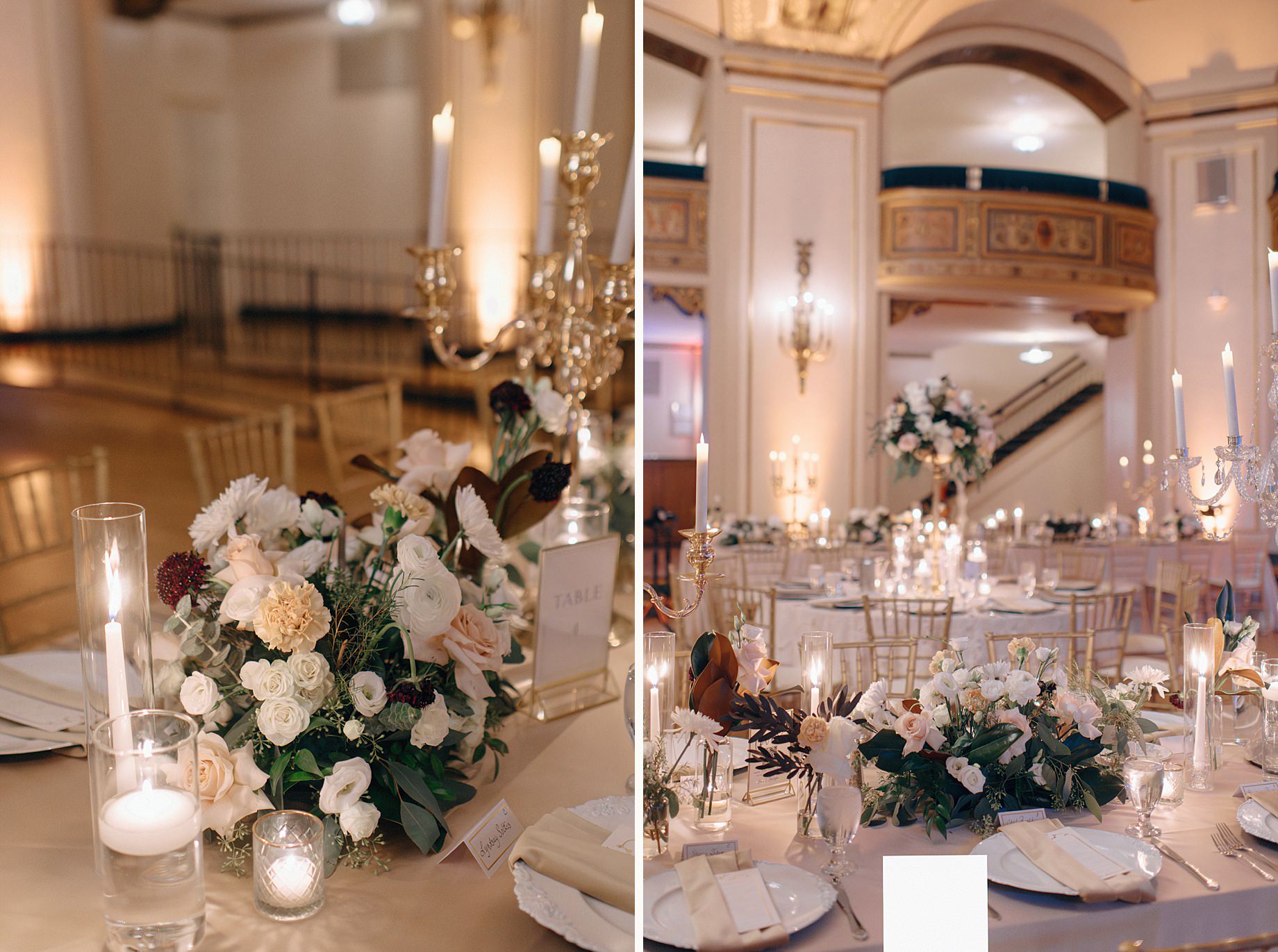 Close up of elegant floral centerpieces and candlelit table settings