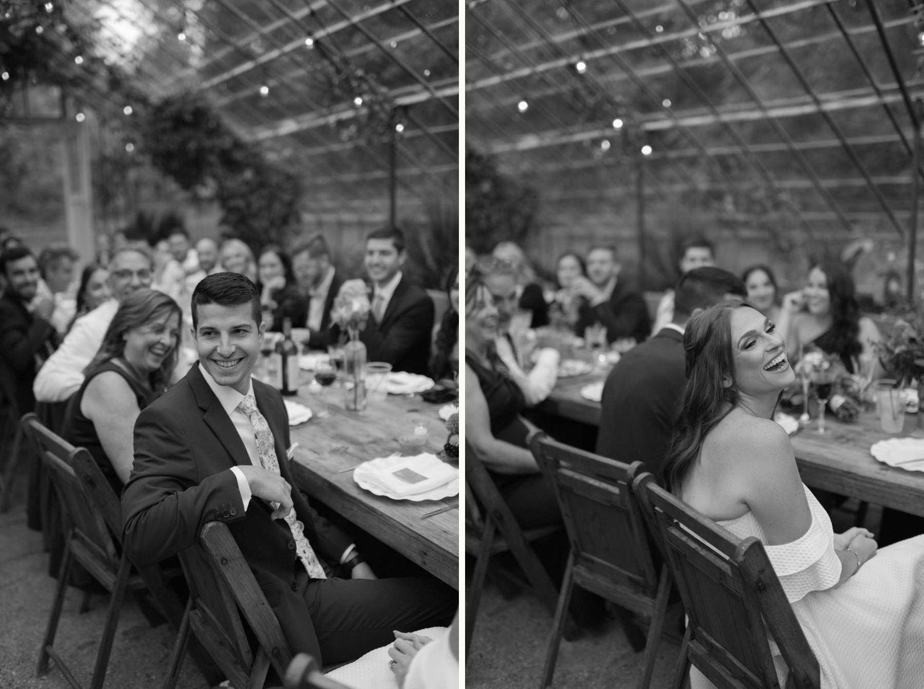 black and white candids of bride and groom reacting to wedding toasts