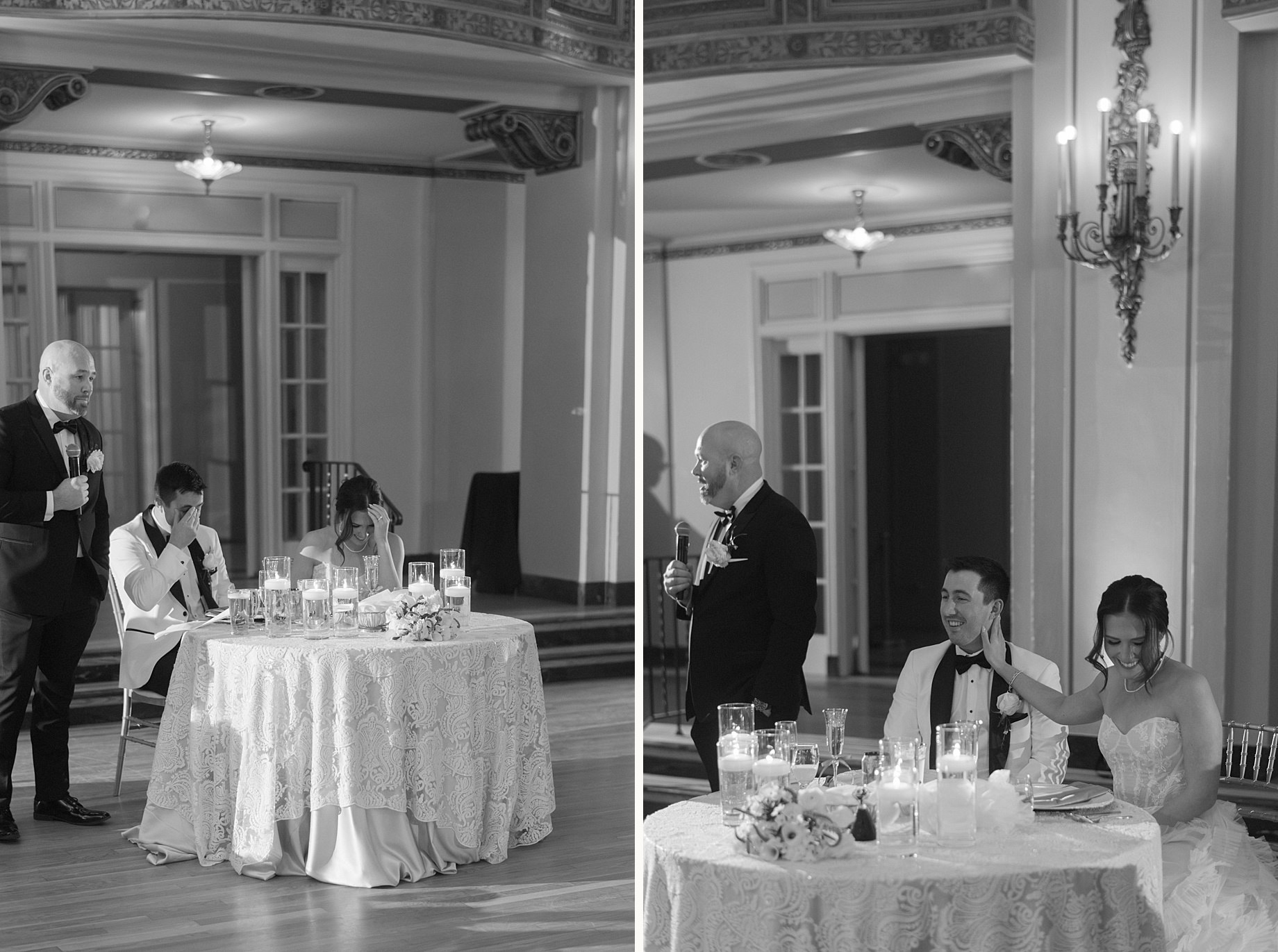 black and white moments from best mans speech with bride and groom reacting with laughter and emotion at their candlelit reception table