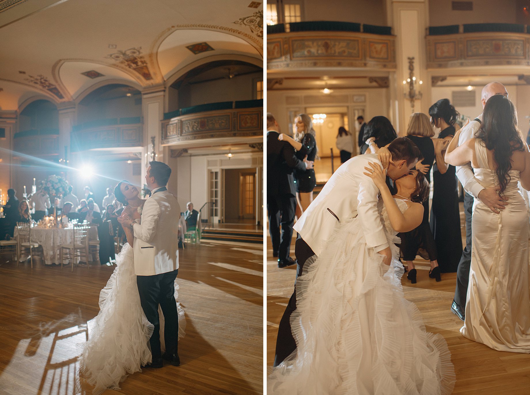 a romantic dip on the dance floor surrounded by wedding guests set inside the opulent Detroit Masonic Temple Crystal ballroom
