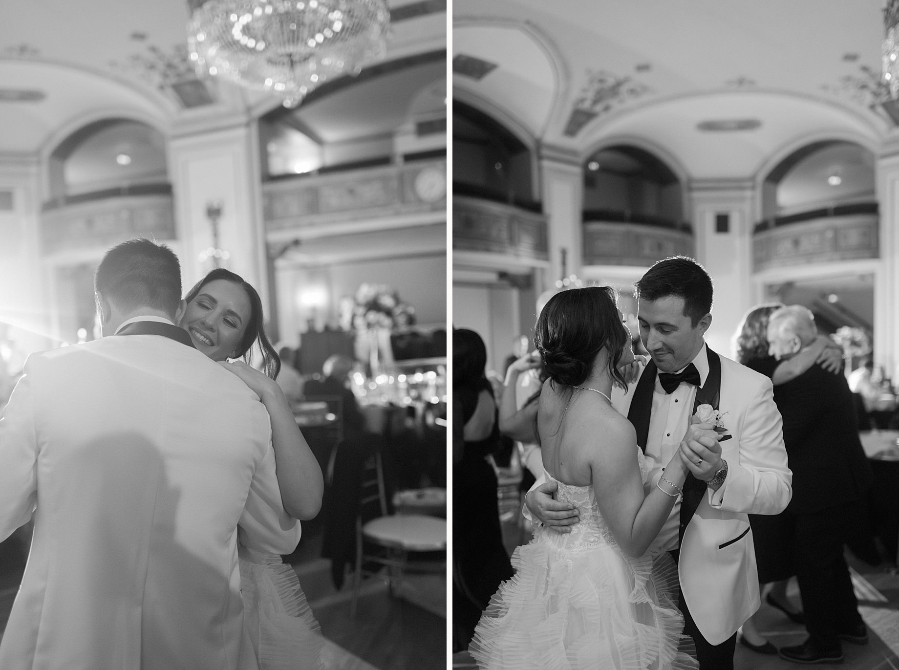 bride and groom during their wedding reception at the Detroit Masonic Temple