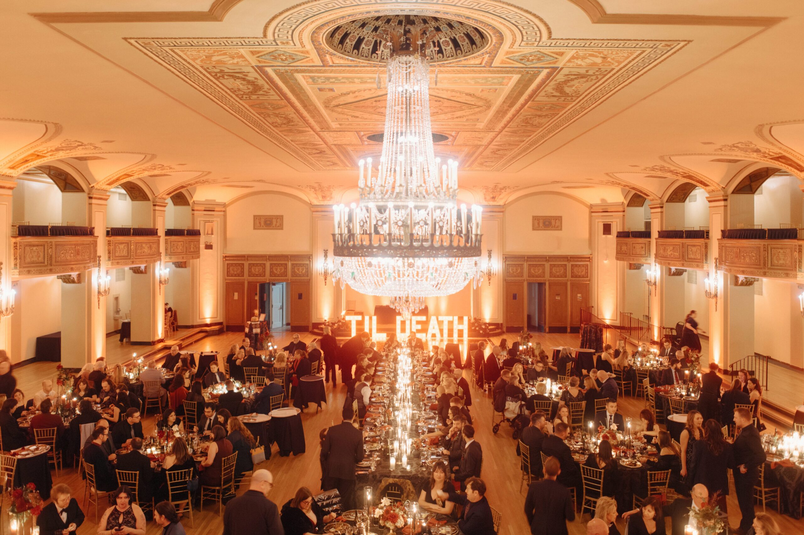 A wedding reception in the Crystal Ballroom of the Detroit Masonic Temple.