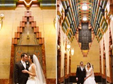 Bride and groom pose for a photograph in the Guardian Building in Detroit
