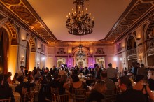 wide photograph of wedding reception at the Detroit Colony Club