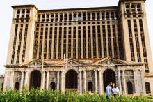 engagement photo outside of Michigan Central Station