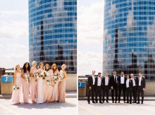 bridesmaids in pink and groomsmen in tuxes