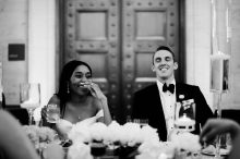 bride and groom reacting to speeches