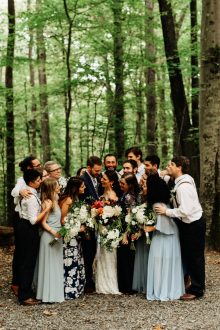 bride and groom with their wedding party at prince william forest park
