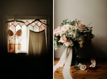 bridal details including a bouquet ring and wedding dress