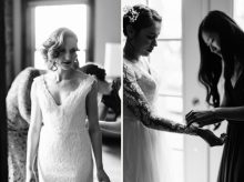 Black and white photos of brides being helped into their wedding dress