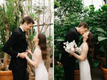 bride and groom share first look amongst the greenery at Planterra