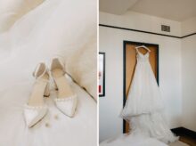 the brides pearl accented heels and floral earrings rest on soft tulle at the Shinola Hotel alongside her embroidered gown hanging elegantly on the suite door