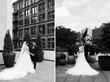 Timeless black and white portraits of the couple on the Shinola Hotel rooftop showcasing classic Detroit architecture and heartfelt connection in fine art style