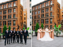 bridesmaids and groomsmen pose on the terrace of the shinola hotel