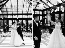 Bride and groom twirl gracefully during their first dance beneath the striking glass ceiling of the Shinola Hotels birdy room