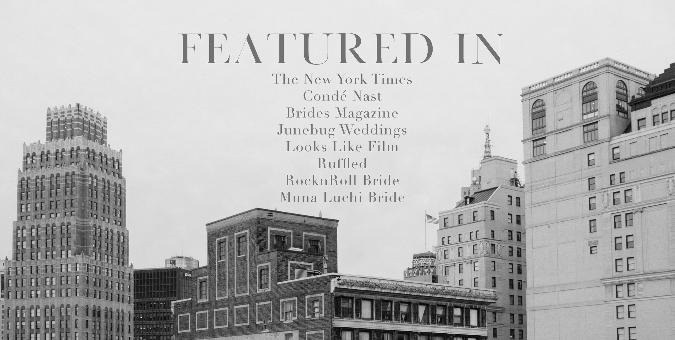 An image featuring the Detroit skyline with a list of the places Detroit wedding photographer Heather Jowett has been featured.