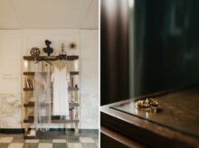 A beaded wedding dress and veil hang on a library shelf at the Detroit Foundation Hotel